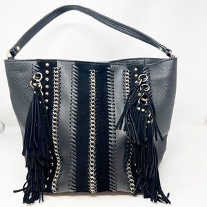 CALVIN KLEIN BLACK LEATHER FRINGE BOHO BUCKET HOBO PURSE
